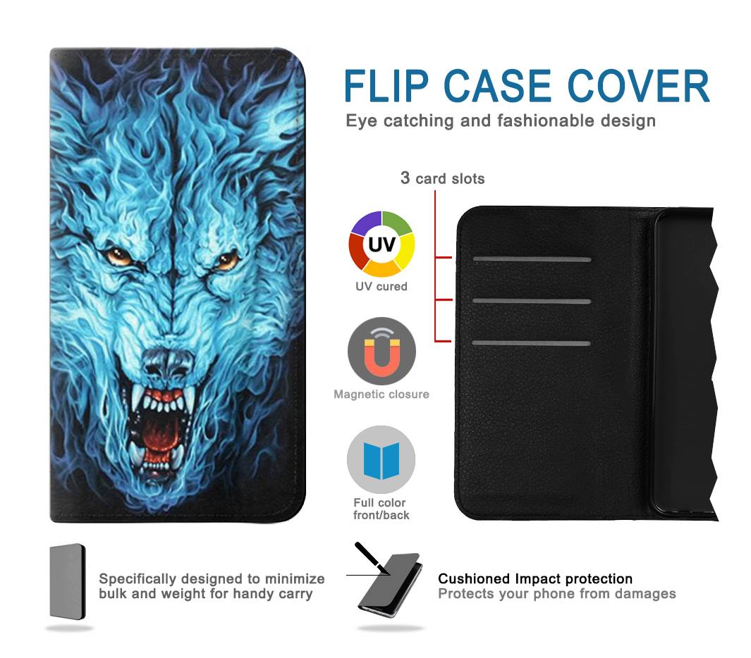 Flip case iPhone 7, 8, SE (2020), SE2 Blue Fire Grim Wolf